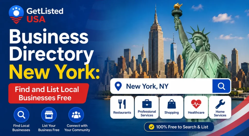 Business Directory New York guide featuring the GetListed USA logo, New York City skyline, Statue of Liberty, and search interface for finding and listing local businesses for free in 2026.