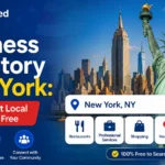 Business Directory New York guide featuring the GetListed USA logo, New York City skyline, Statue of Liberty, and search interface for finding and listing local businesses for free in 2026.