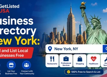 Business Directory New York guide featuring the GetListed USA logo, New York City skyline, Statue of Liberty, and search interface for finding and listing local businesses for free in 2026.