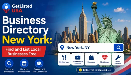 Business Directory New York guide featuring the GetListed USA logo, New York City skyline, Statue of Liberty, and search interface for finding and listing local businesses for free in 2026.