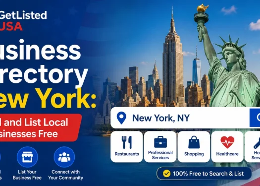 Business Directory New York guide featuring the GetListed USA logo, New York City skyline, Statue of Liberty, and search interface for finding and listing local businesses for free in 2026.